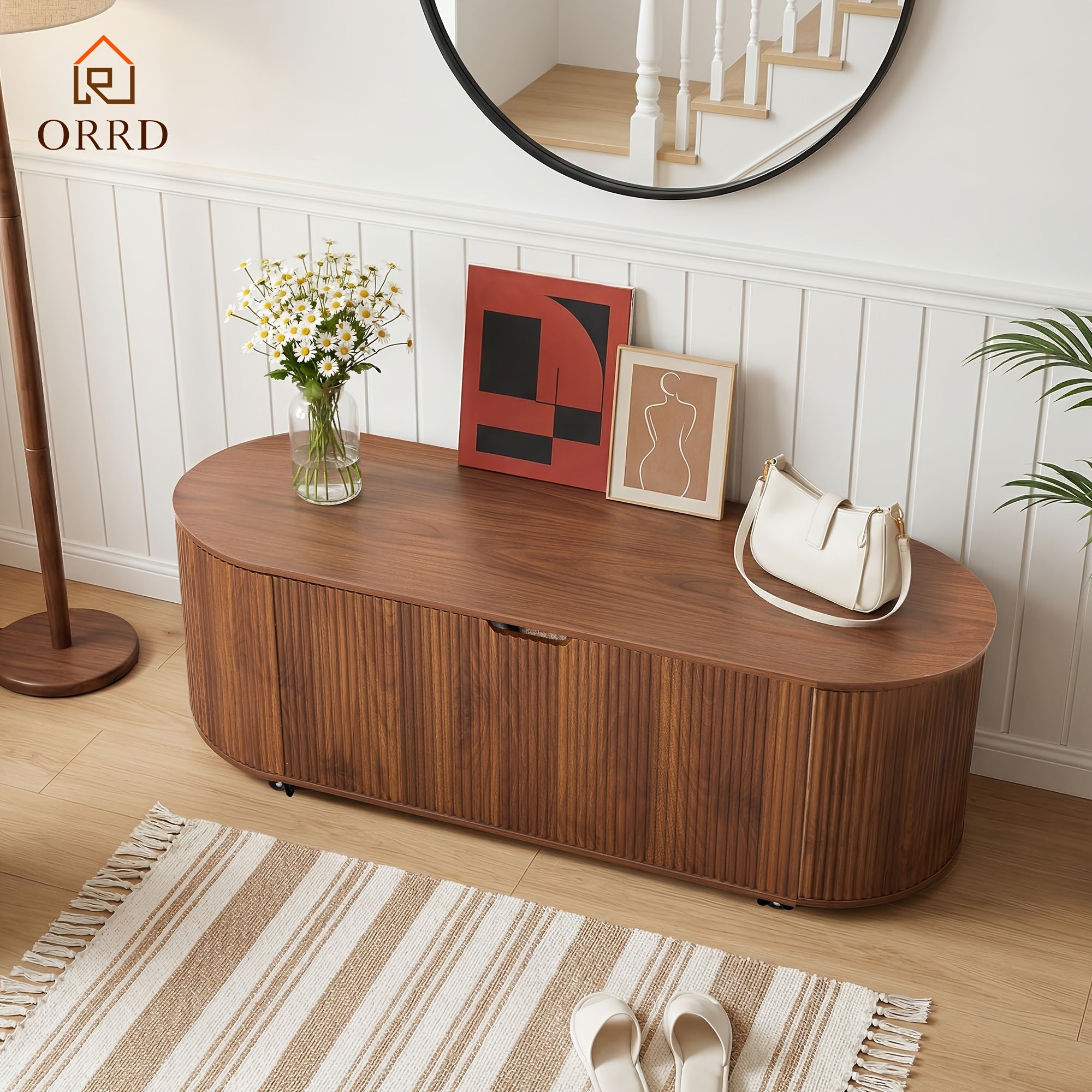 ORRD Storage Bench Featuring 4 Wheels, a Fluted Oval Design with Safety Hinges, a Contemporary Wooden Bench for The End of The Bed, And a Spacious Storage Trunk Toy Chest with a Lift-Top Suitable for The Entryway, Bedroom, Or Living Room