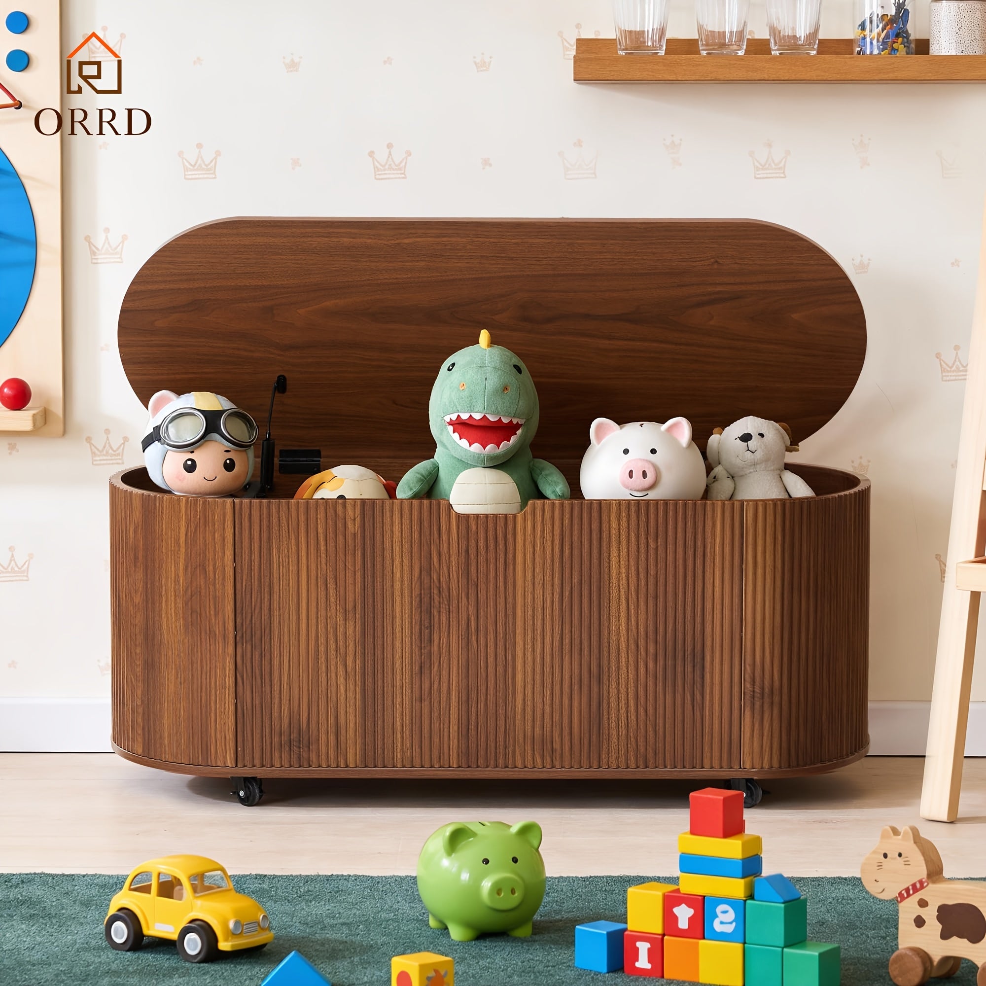 ORRD Storage Bench Featuring 4 Wheels, a Fluted Oval Design with Safety Hinges, a Contemporary Wooden Bench for The End of The Bed, And a Spacious Storage Trunk Toy Chest with a Lift-Top Suitable for The Entryway, Bedroom, Or Living Room