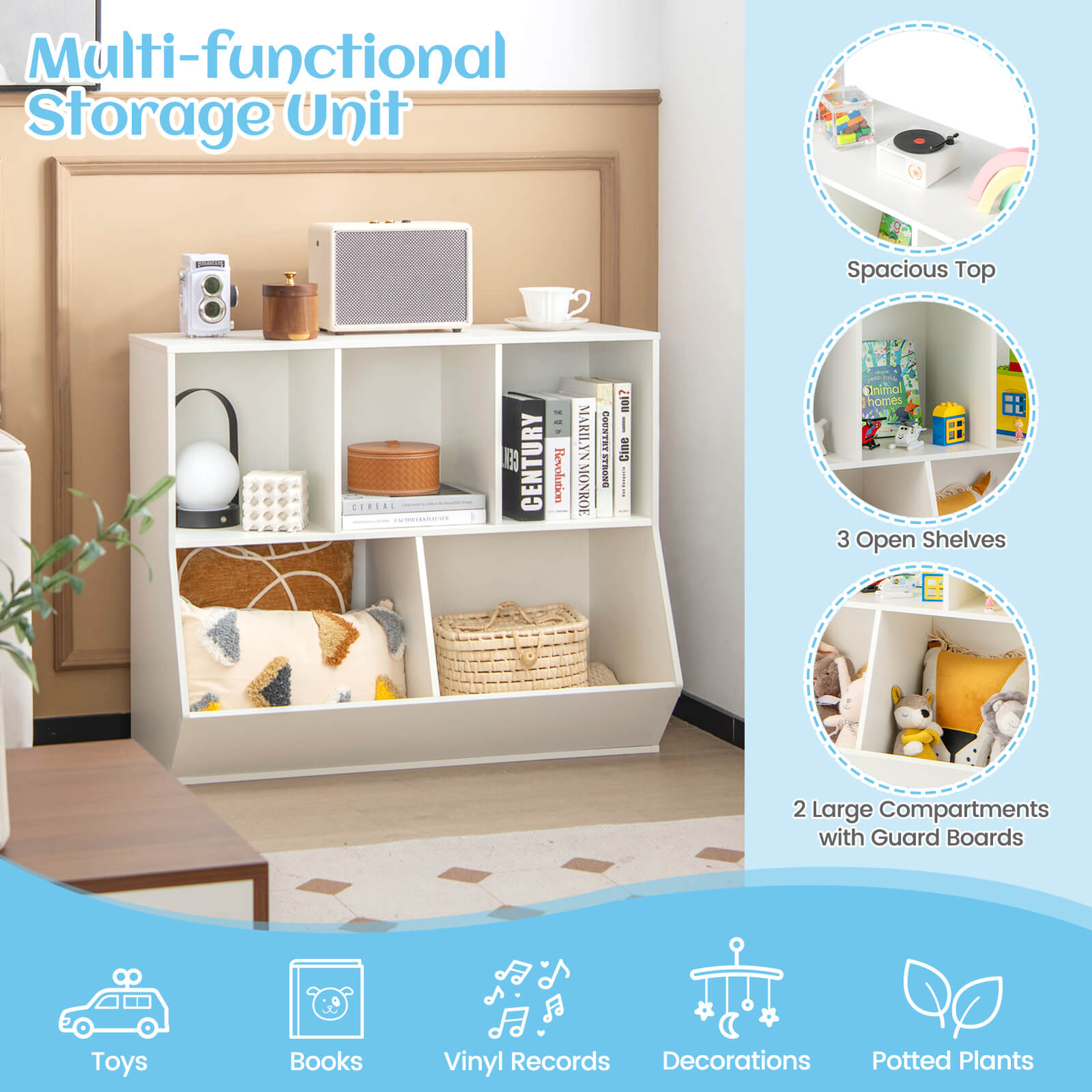 COSTWAY 5-Cubby Kids Toy Storage Organizer Wooden Bookshelf Display Cabinet White\u002FNatural