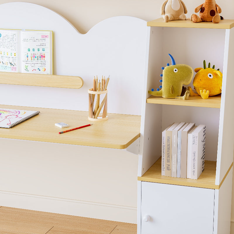 Kids Study Desk with Bookshelves and 2 Stools, Kids Desk and Chair Set with 5 Storage Cabinets