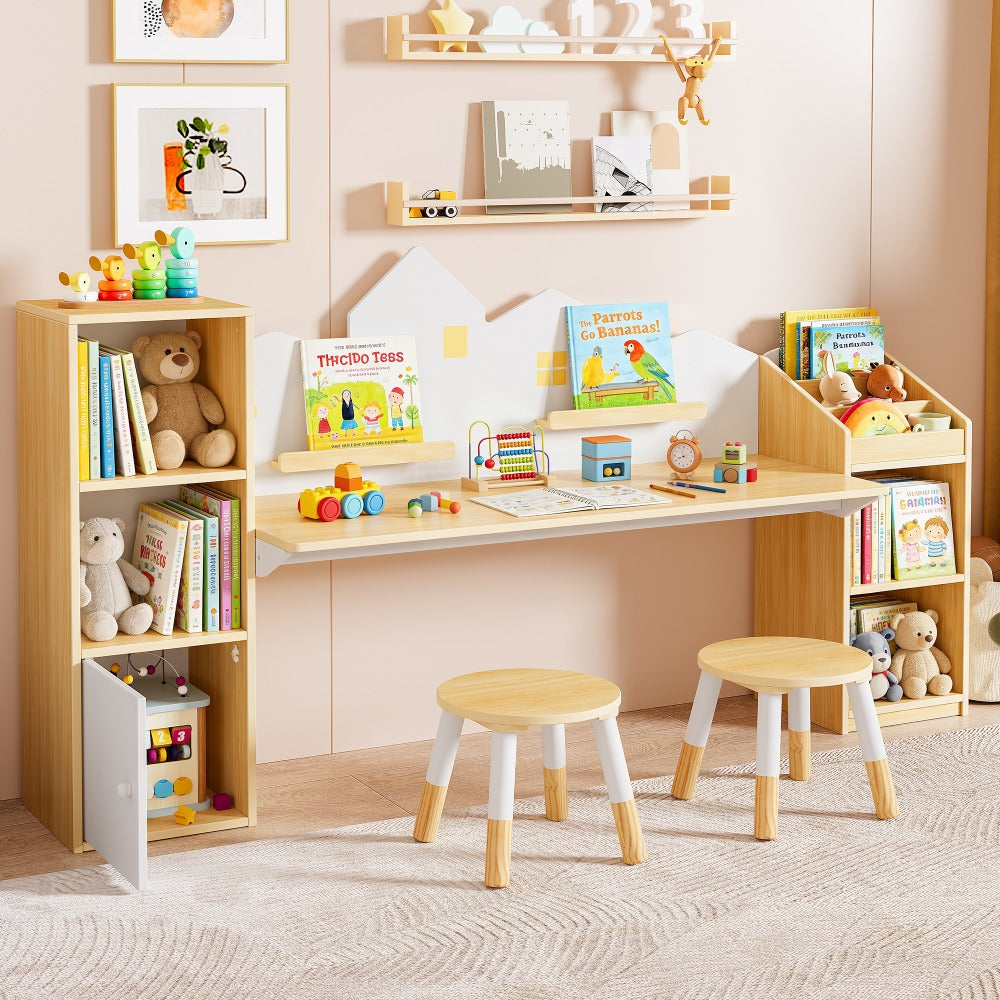 Kids Desk with Bookshelves And 2 Stools, Wooden Kids Desk And Chair Set with 5 Storage Cabinets, Children Writing Drawing Table, Student Kid Study Table for Ages 3-8, Bedroom, 71', Boys, Girls